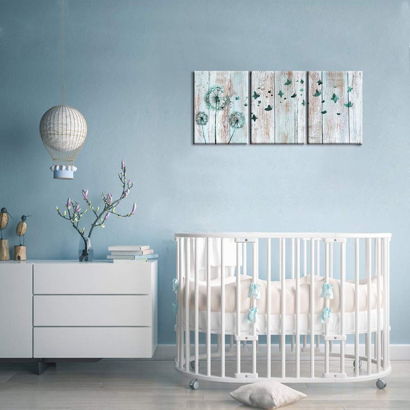 Visual Art Decor Rustic Teal Dandelion Butterflies Canvas Wall Art Prints Rustic Teal Home Bedroom Office Wall Decoration Framed Ready to Hang 12inx16inx3Pieces - Image 3